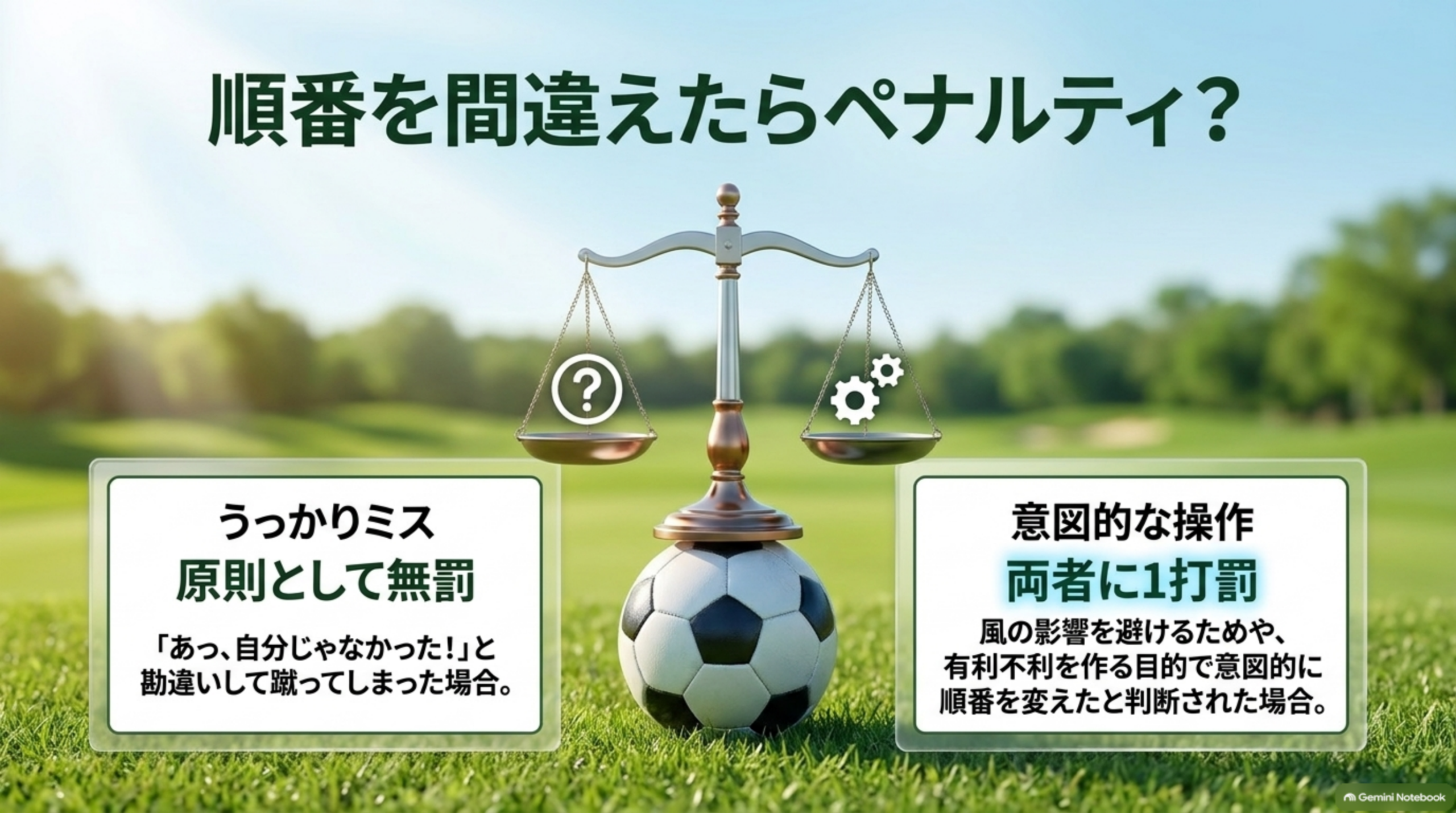 順番を間違えたらペナルティ？うっかりミスは原則として無罰、有利不利を作るための意図的な操作は両者に1打罰、という比較図解