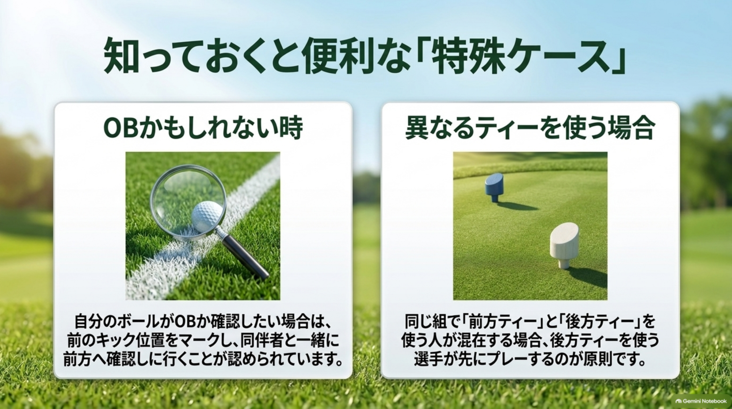 知っておくと便利な特殊ケース。OBかもしれない時は前のキック位置をマークして同伴者と確認に行ける、異なるティーを使う場合は後方ティーを使う選手が先にプレーする、という2つの例外の図解