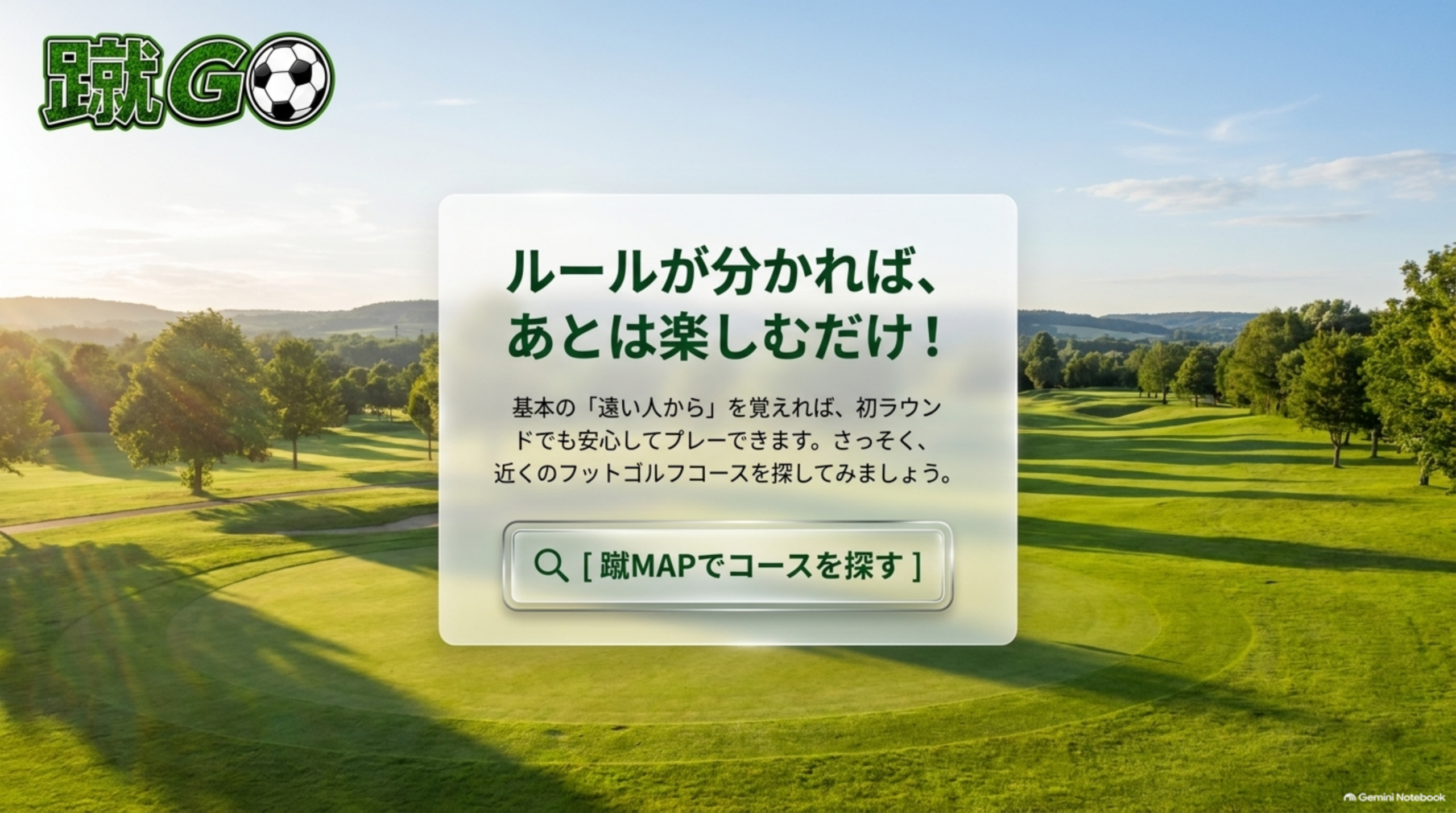 ルールが分かれば、あとは楽しむだけ！基本の「遠い人から」を覚えれば、初ラウンドでも安心してプレーできます。蹴MAPでコースを探すというCTA画像