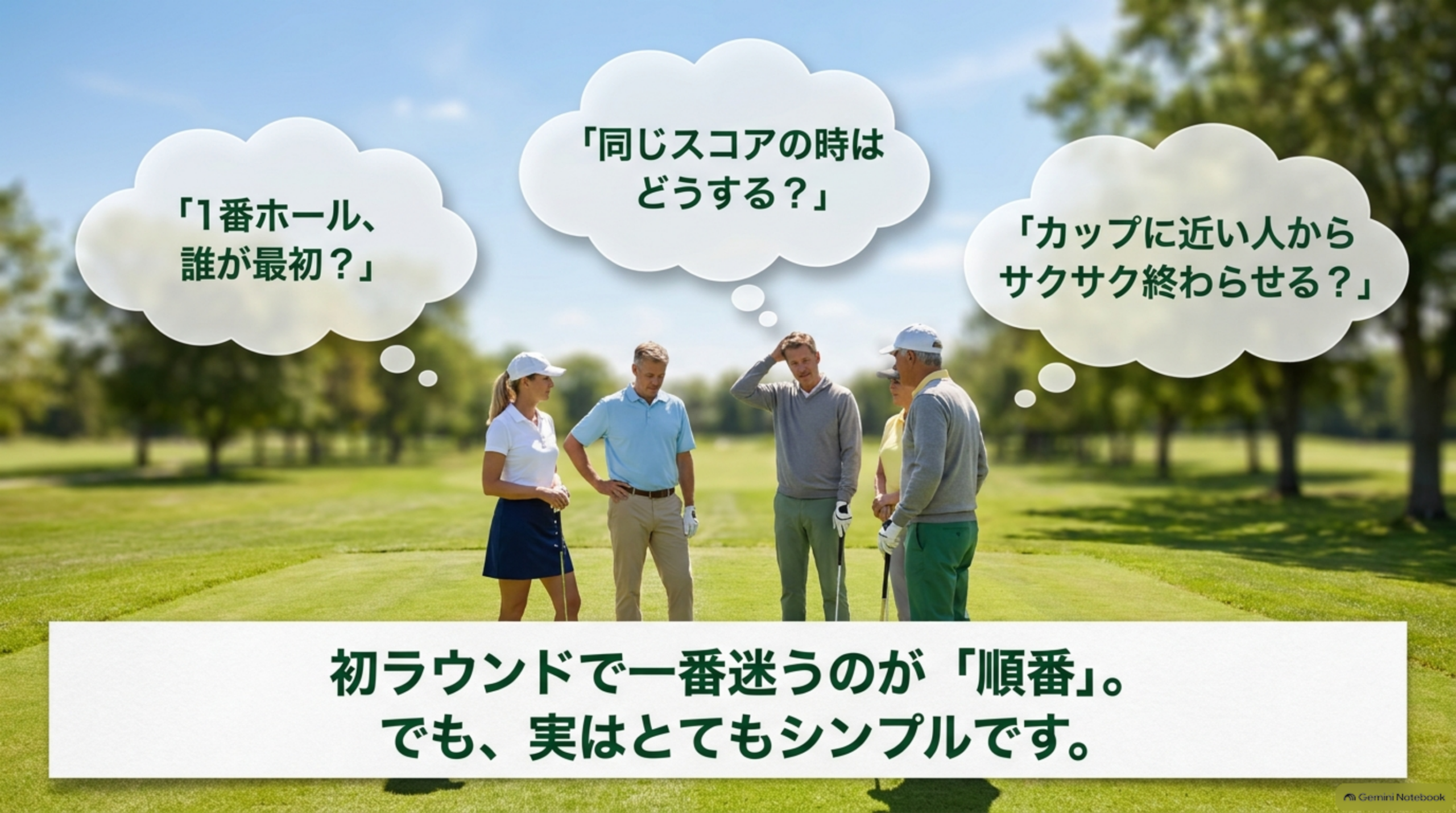 初ラウンドで一番迷うのが「順番」。でも、実はとてもシンプルです。1番ホール誰が最初？同じスコアの時はどうする？カップに近い人からサクサク終わらせる？という3つの疑問を示す図解