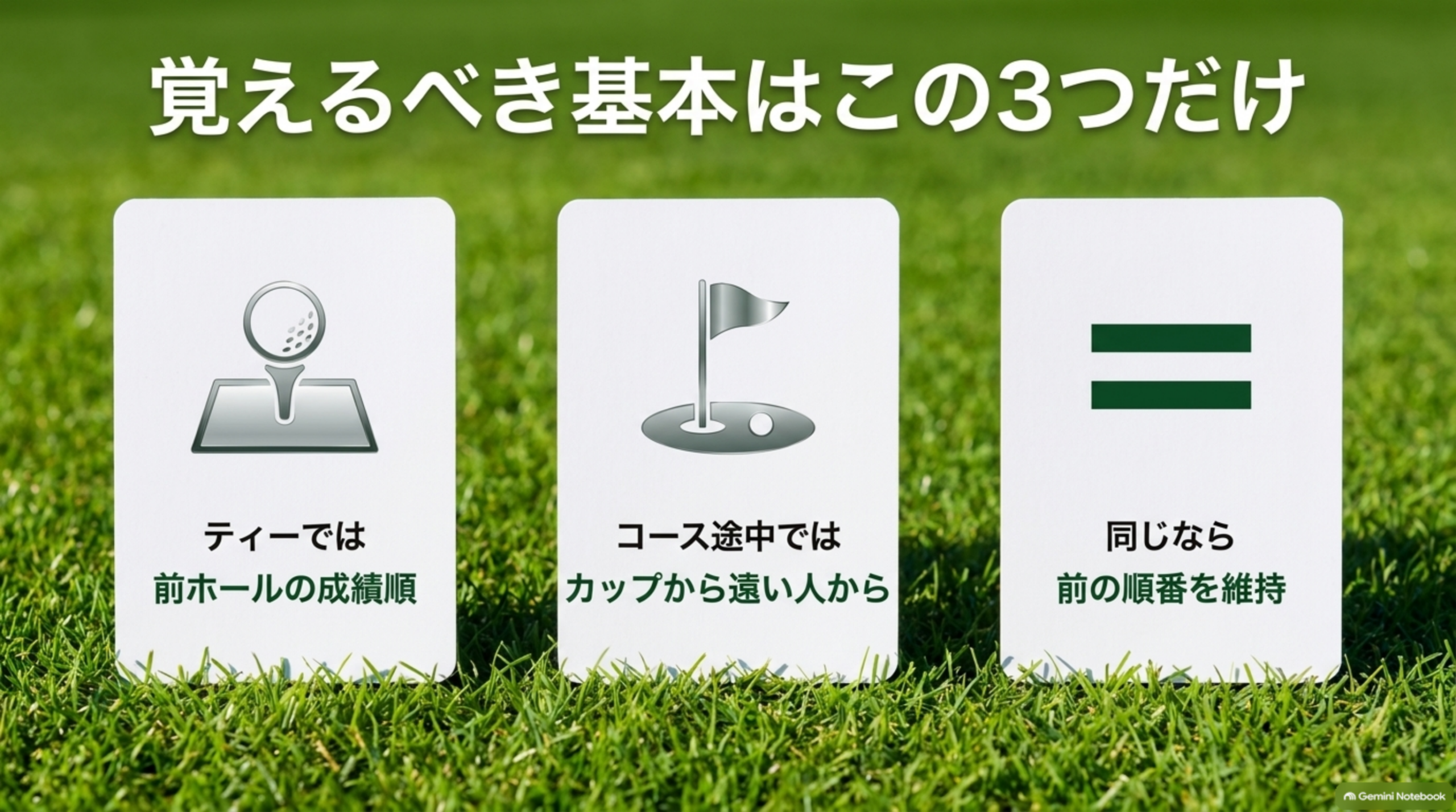 覚えるべき基本はこの3つだけ。ティーでは前ホールの成績順、コース途中ではカップから遠い人から、同じなら前の順番を維持、という3カードの図解