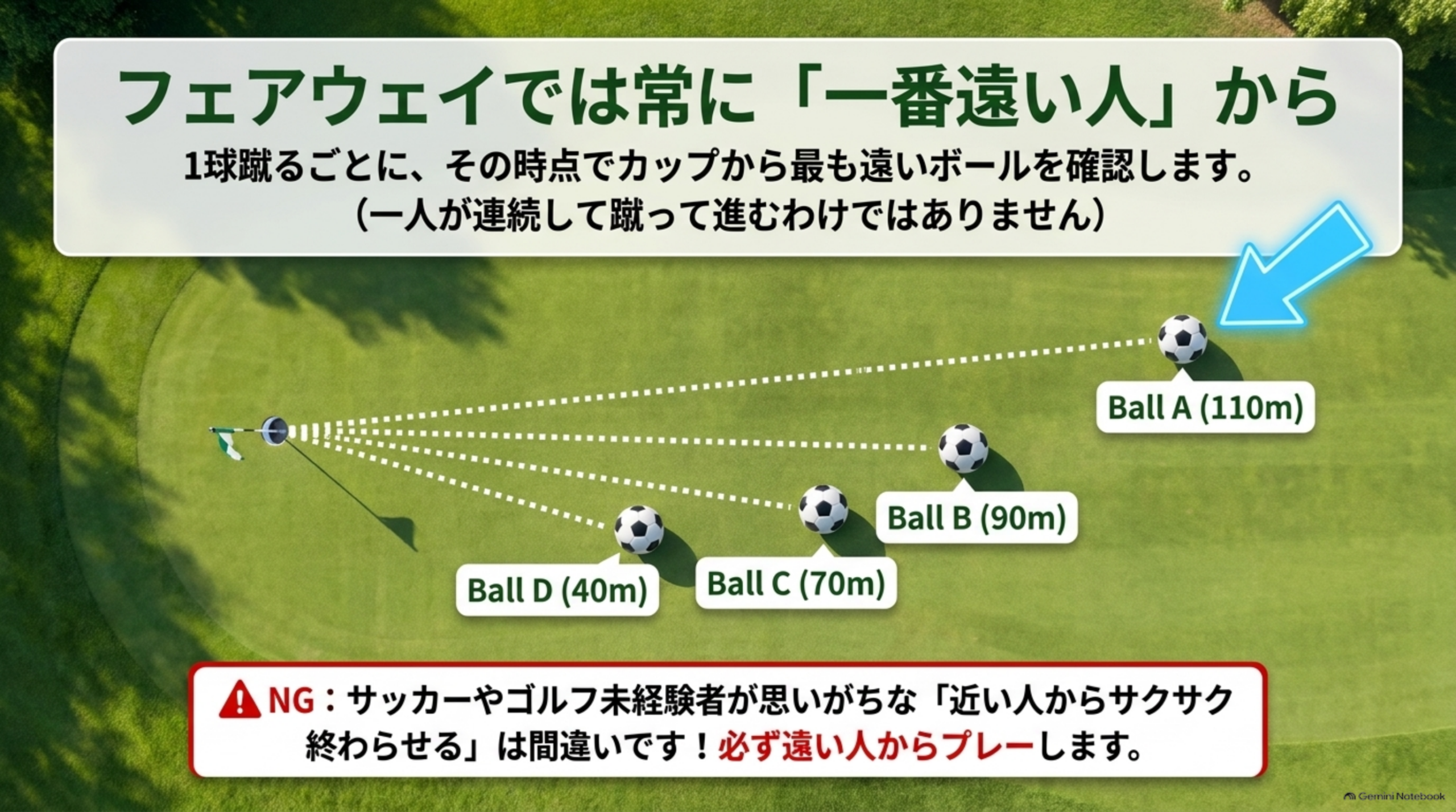 フェアウェイでは常に「一番遠い人」から。Ball A(110m)、Ball B(90m)、Ball C(70m)、Ball D(40m)のうち、一番遠いBall Aから蹴ることを示す図解。近い人からサクサク終わらせるのは間違いという注意書きつき
