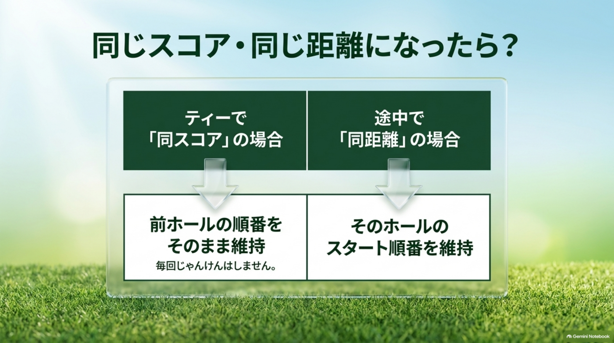同じスコア・同じ距離になったら？ティーで同スコアの場合は前ホールの順番をそのまま維持、途中で同距離の場合はそのホールのスタート順番を維持することを示す比較図解