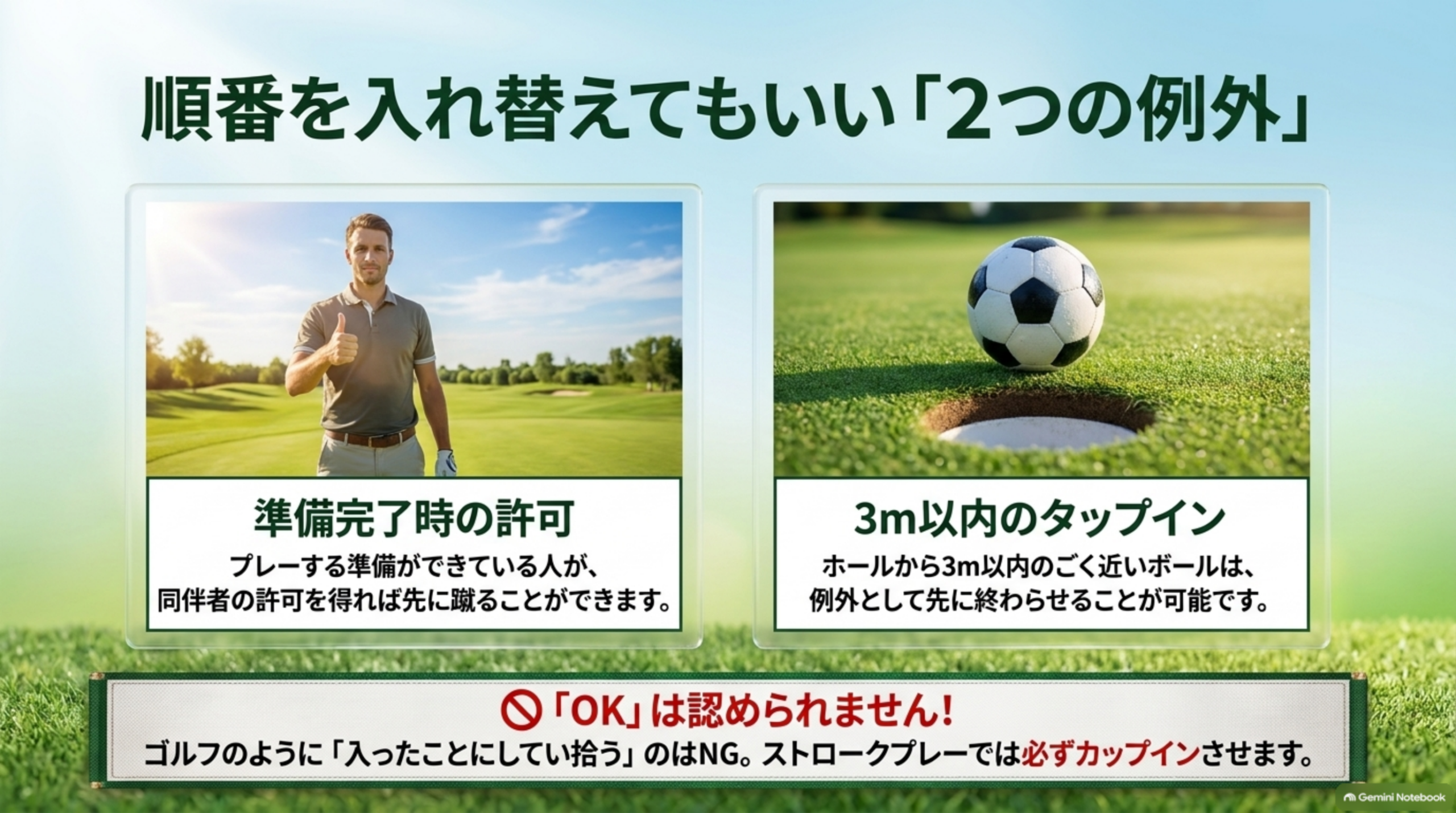 順番を入れ替えてもいい2つの例外。準備完了時の許可（準備ができている人が同伴者の許可を得て先に蹴れる）と、3m以内のタップイン（ホールから3m以内のボールは先に終わらせられる）。ただしゴルフのような「OK」は認められないという注意書きつき
